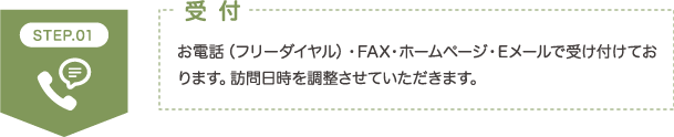 STEP1 受 付 お電話（フリーダイヤル）・FAX・ホームページ・Eメールで受け付けております。訪問日時を調整させていただきます。