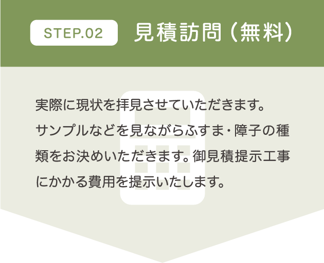 STEP2 見積訪問（無料） 実際に現状を拝見させていただきます。サンプルなどを見ながらふすま・障子の種類をお決めいただきます。御見積提示工事にかかる費用を提示いたします。