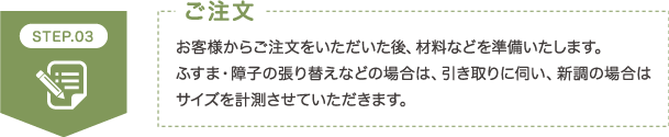 STEP3 ご注文 お客様からご注文をいただいた後、材料などを準備いたします。ふすま・障子の張り替えなどの場合は、引き取りに伺い、新調の場合はサイズを計測させていただきます。